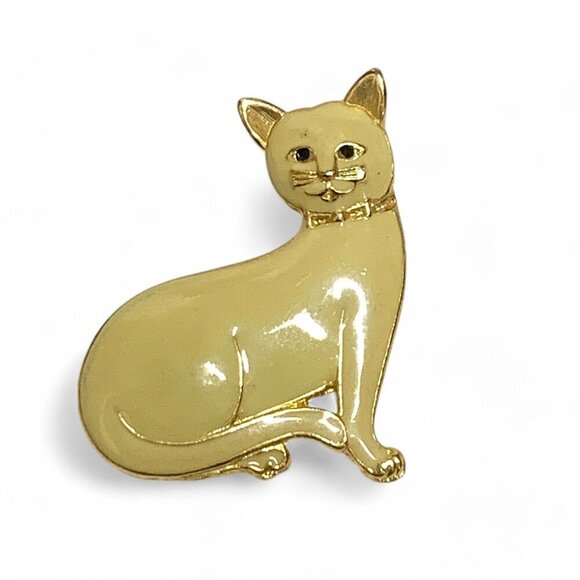 Vintage Enamel Siamese Cat Brooch Cream & Gold 2" - Picture 1 of 3